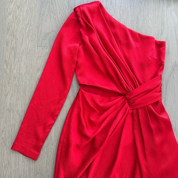 ML Monique Lhuillier One Shoulder Satin Gown Red Maxi Dress Long Sleeve - Size 2 - Picture 4 of 13